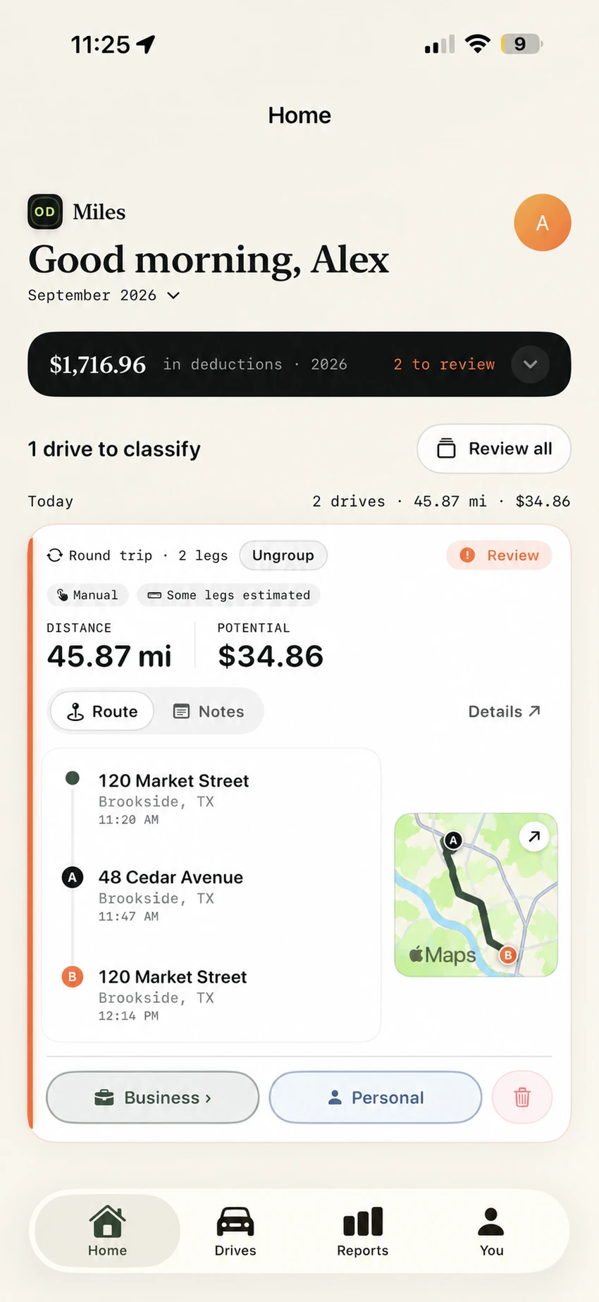 Trip review with fictional addresses and the Business and Personal selection buttons.