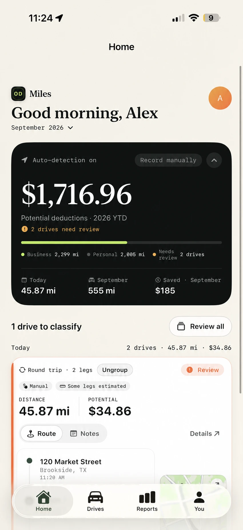 OD Miles Home screen showing automatic detection, mileage totals, and drives needing review.